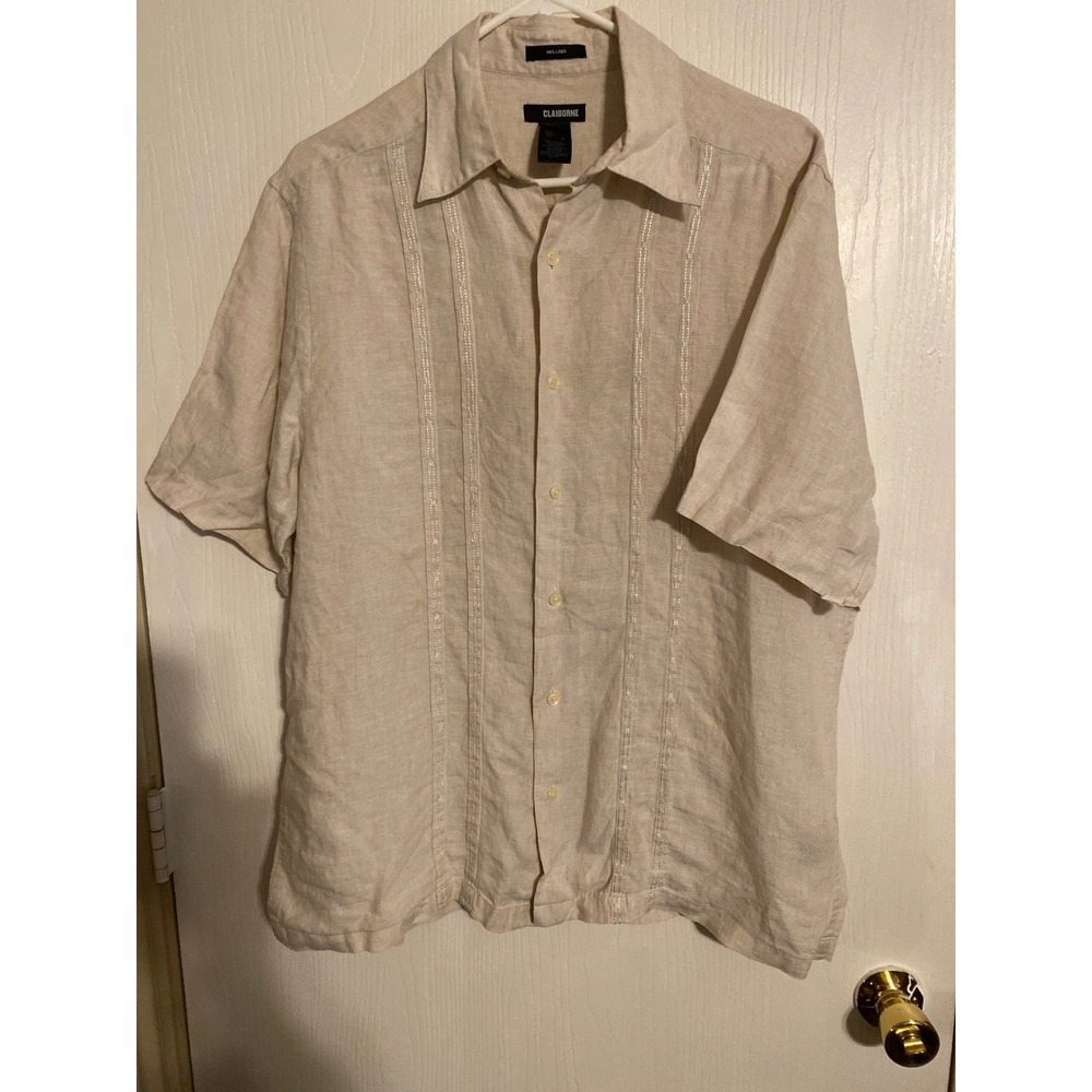 Claiborne Mens L Beige 100% Linen Short Sleeve Guayabera Style Button Shirt 0745